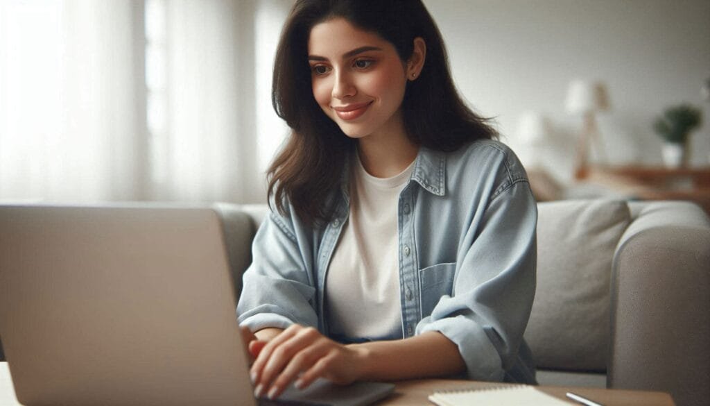 Mujer adulta hispana trabajando en laptop en casa con ligera sonrisa, representando alivio y regulación al trabajar ansiedad en terapia.
