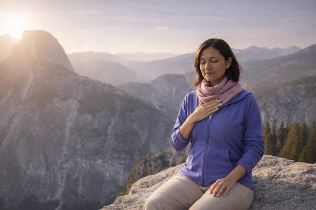 Mujer adulta practicando respiración y regulación emocional en un mirador de montaña, con una mano en el pecho y otra en la pierna.