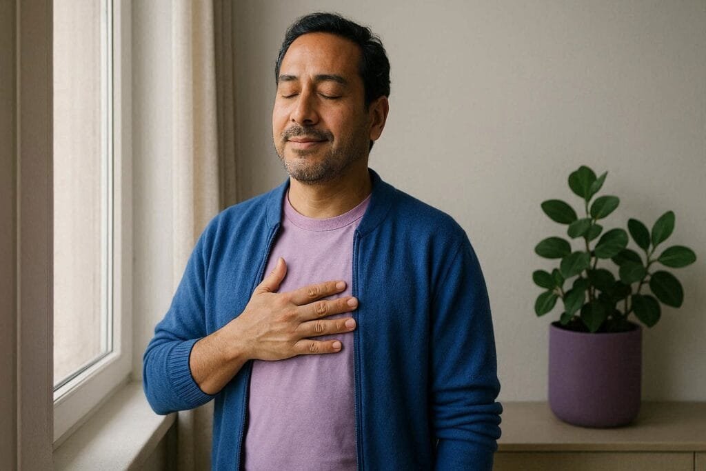 Hombre adulto hispano respirando con mano en el pecho, practicando regulación corporal para manejar ansiedad.