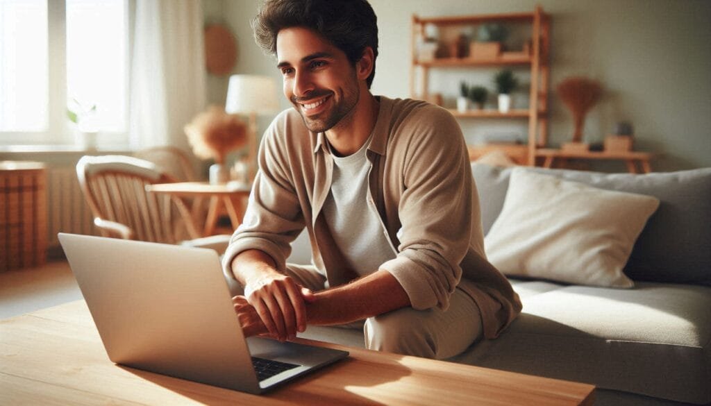 Adulto usando laptop en casa en un ambiente tranquilo, asociado a constancia en terapia en línea.