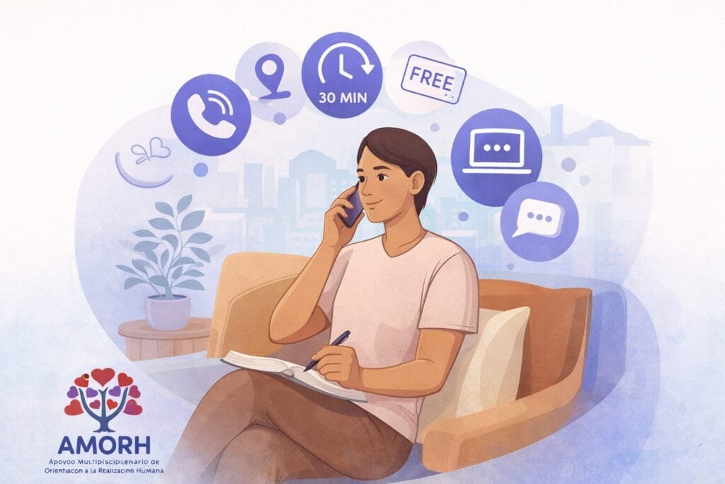 Persona adulta en llamada telefónica para consulta de valoración inicial (CVI) con íconos de 30 minutos, gratuita y chat.