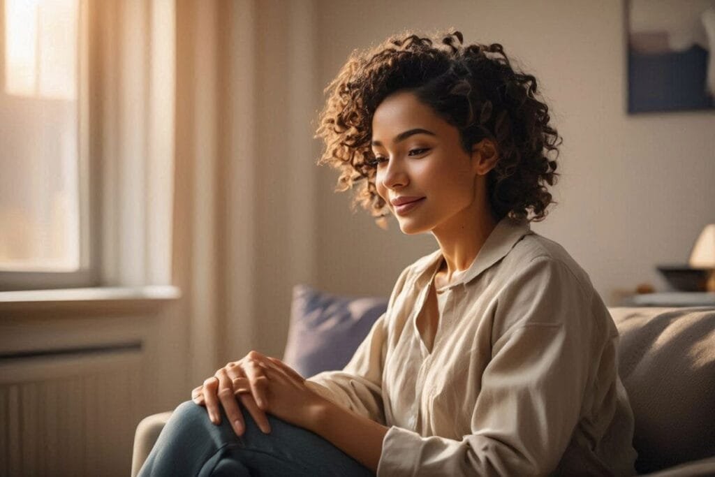 Persona adulta en un momento de calma y reflexión en un espacio hogareño.