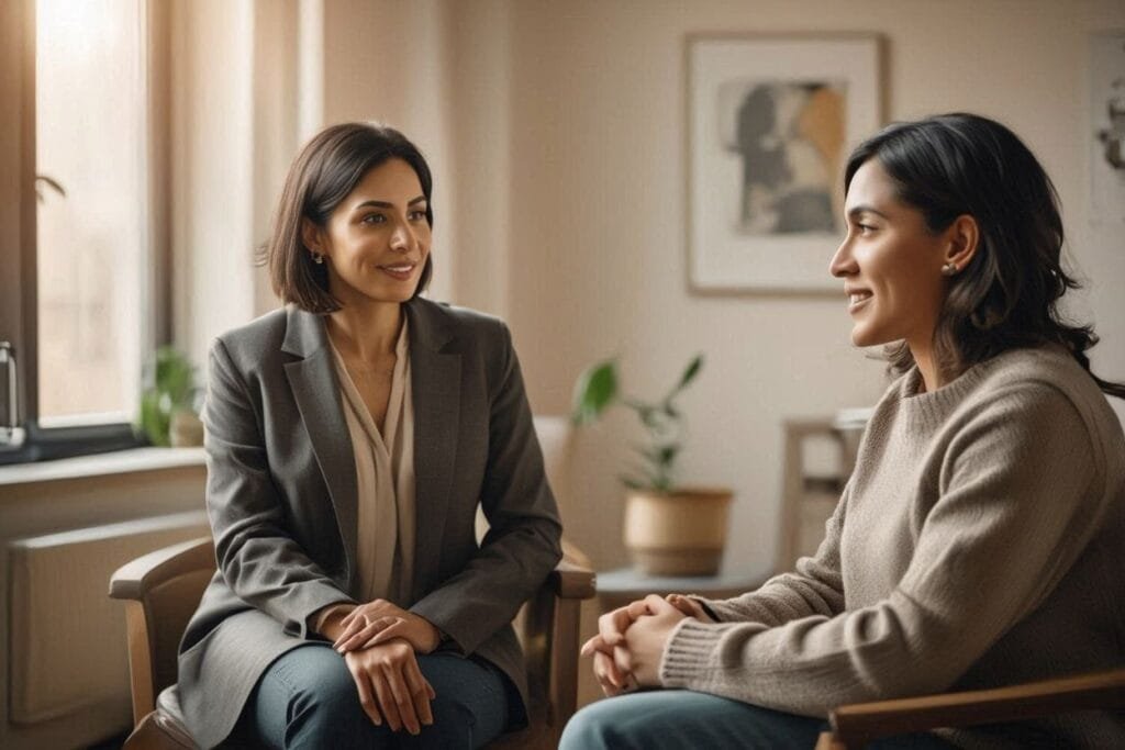 Sesión de psicoterapia: conversación profesional y empática en consultorio.