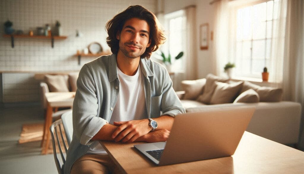 Hombre adulto hispano en casa usando laptop con ligera sonrisa, representando terapia para ansiedad en línea con continuidad.