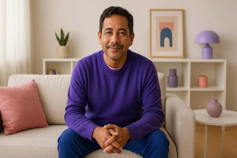 Hombre adulto en casa recuperando calma con terapia en línea para ansiedad en Tijuana.