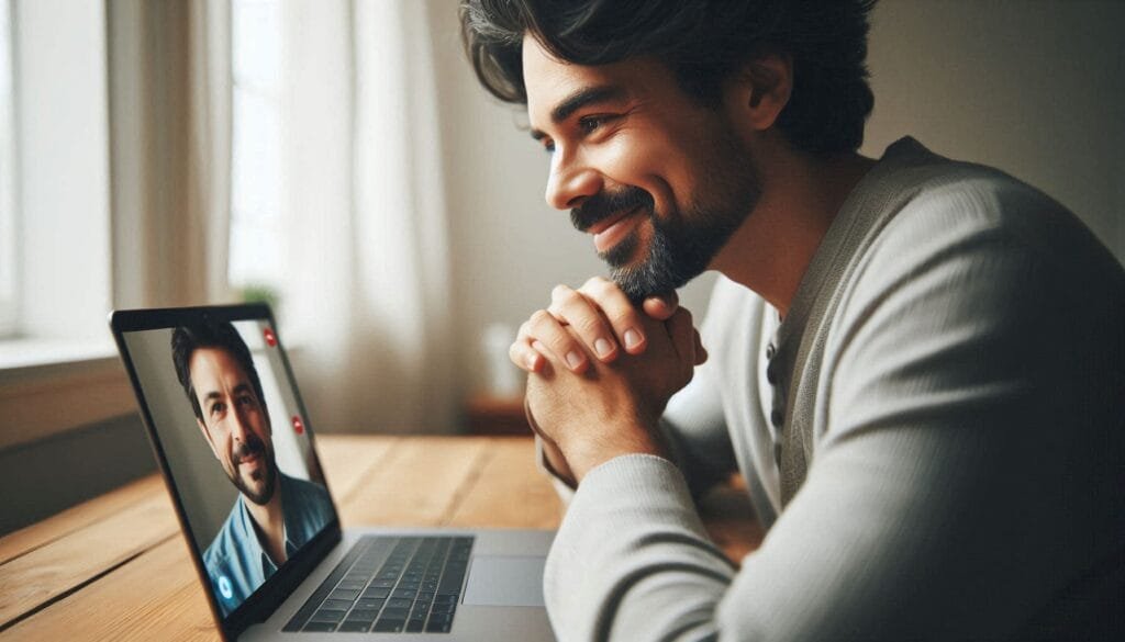 Adulto con laptop en casa, preparado para una sesión de terapia en línea con privacidad y conexión estable.