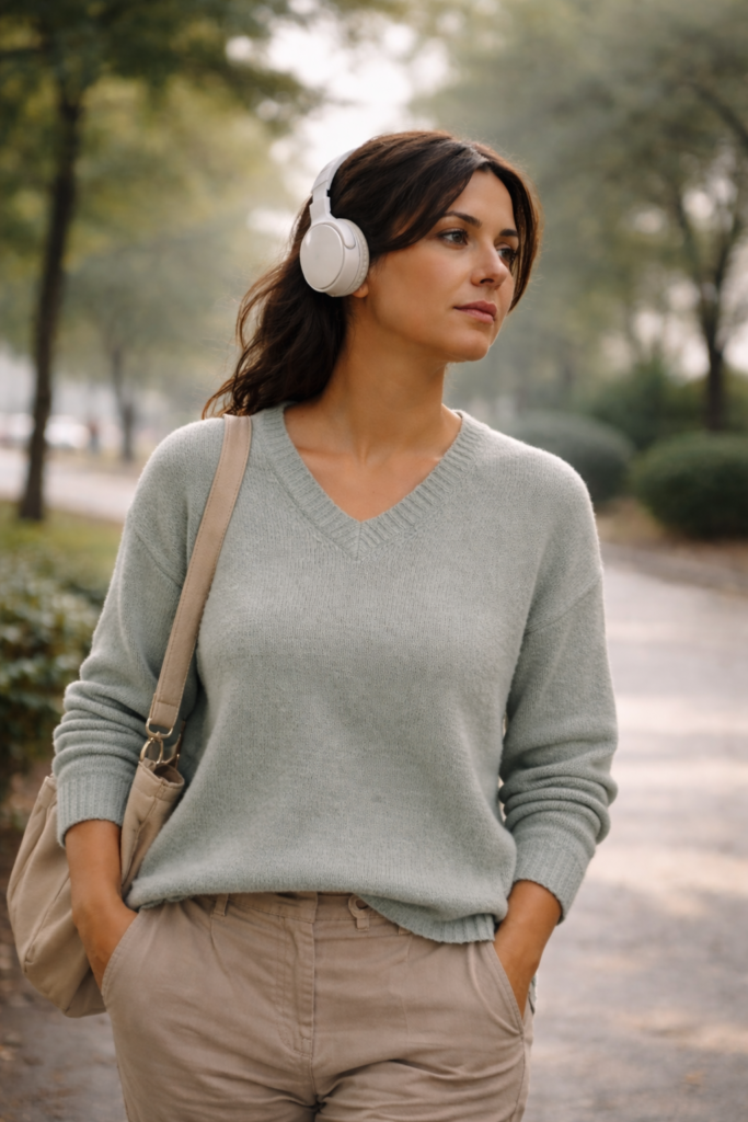 Persona adulta caminando con audífonos en un parque, con expresión neutral e introspectiva.