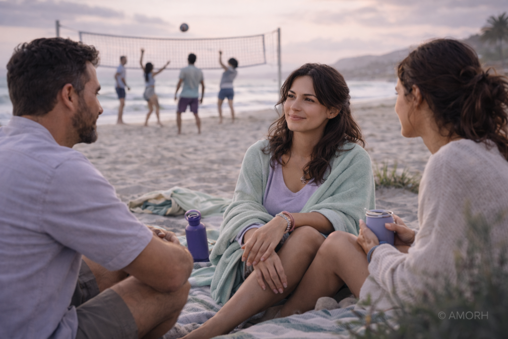 Personas adultas conversando en la playa mientras otras juegan voleibol al atardecer.