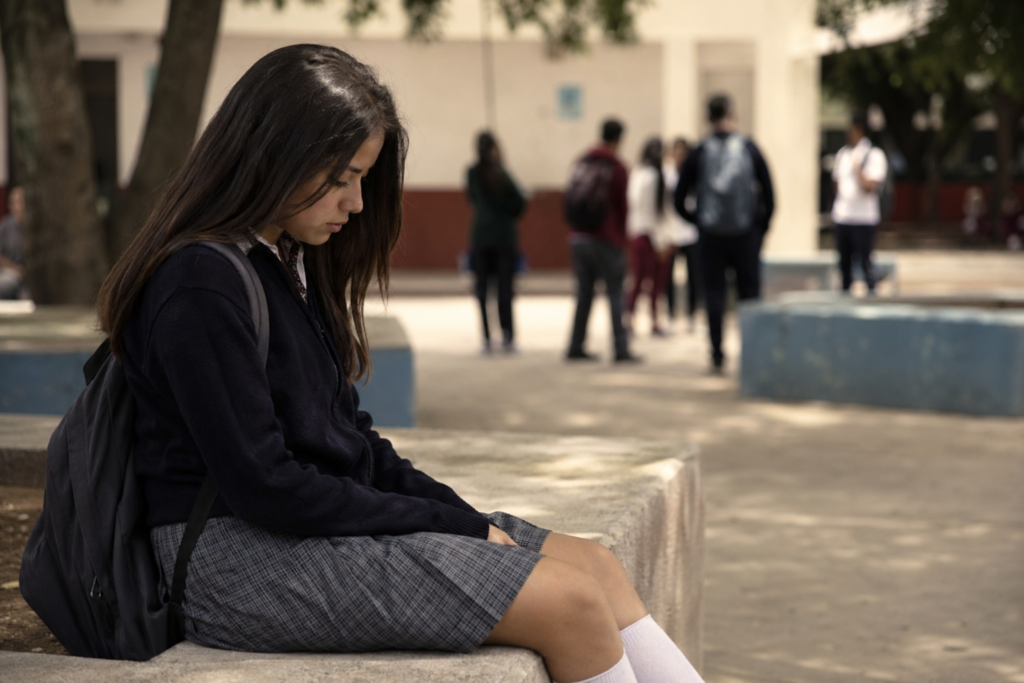 Joven estudiante en un patio escolar en actitud reflexiva y ensimismada