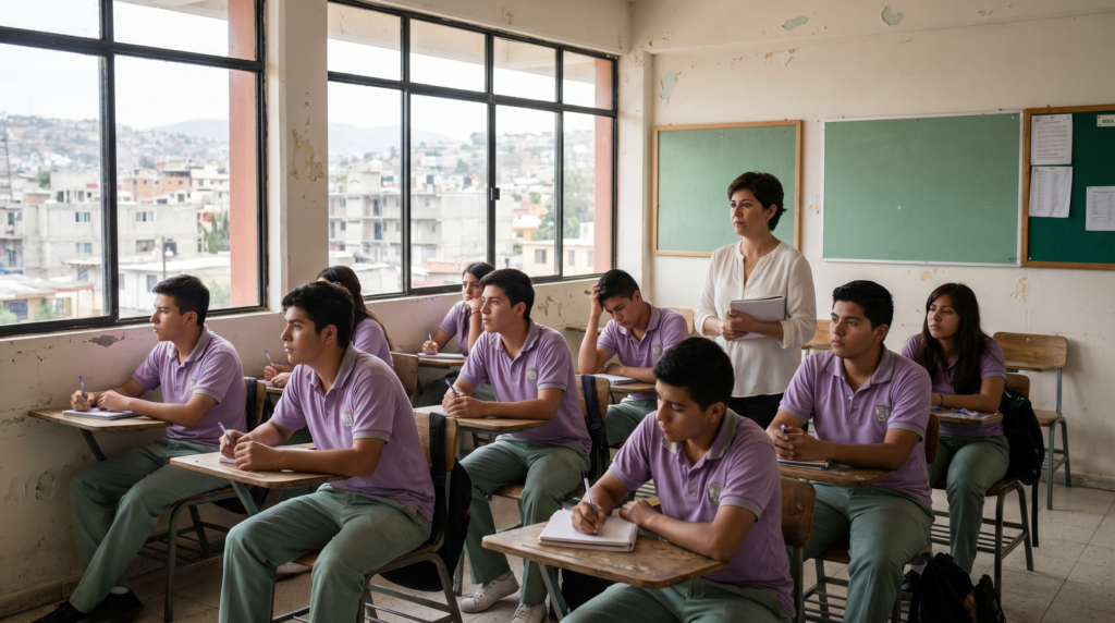 Estudiantes de preparatoria en un aula de Tijuana durante una sesión de investigación sobre salud mental