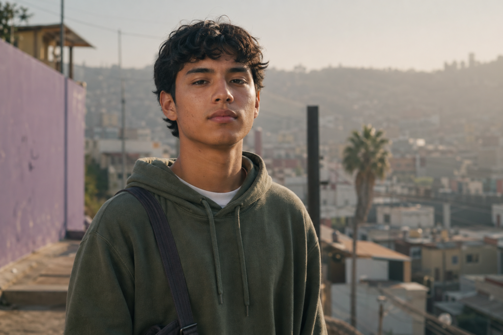 Joven mexicano en exterior urbano de Tijuana con expresión serena y mirada al frente