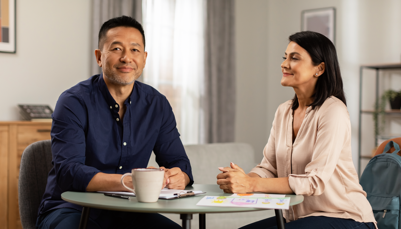 Dos personas adultas conversando de forma calmada en un entorno neutro, representando una co-parentalidad funcional después de una ruptura o divorcio.