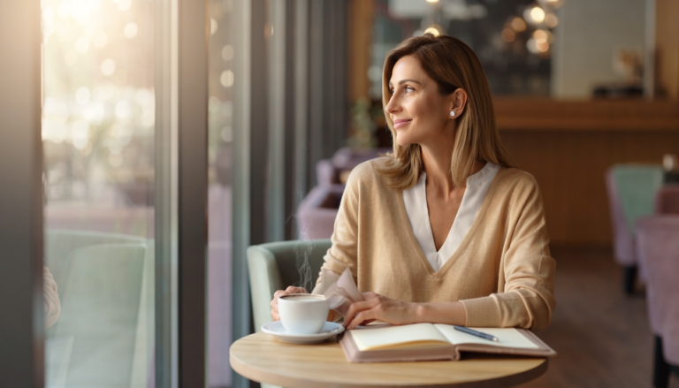Persona adulta en un café con luz natural, con expresión reflexiva y calmada, representando el proceso de reconstruir tu vida después de una ruptura.