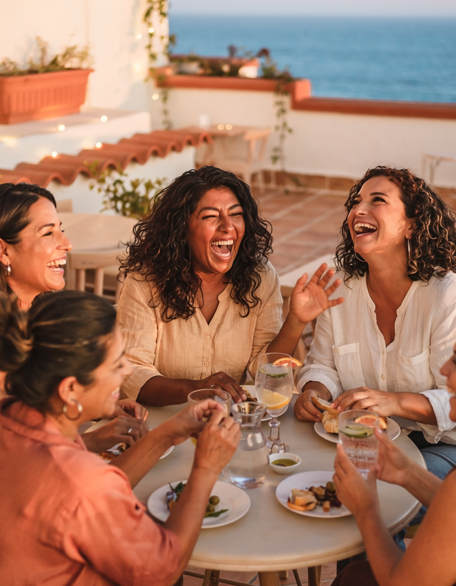 Grupo de personas adultas compartiendo una conversación animada en una terraza al atardecer, representando la reconexión social después de una ruptura.