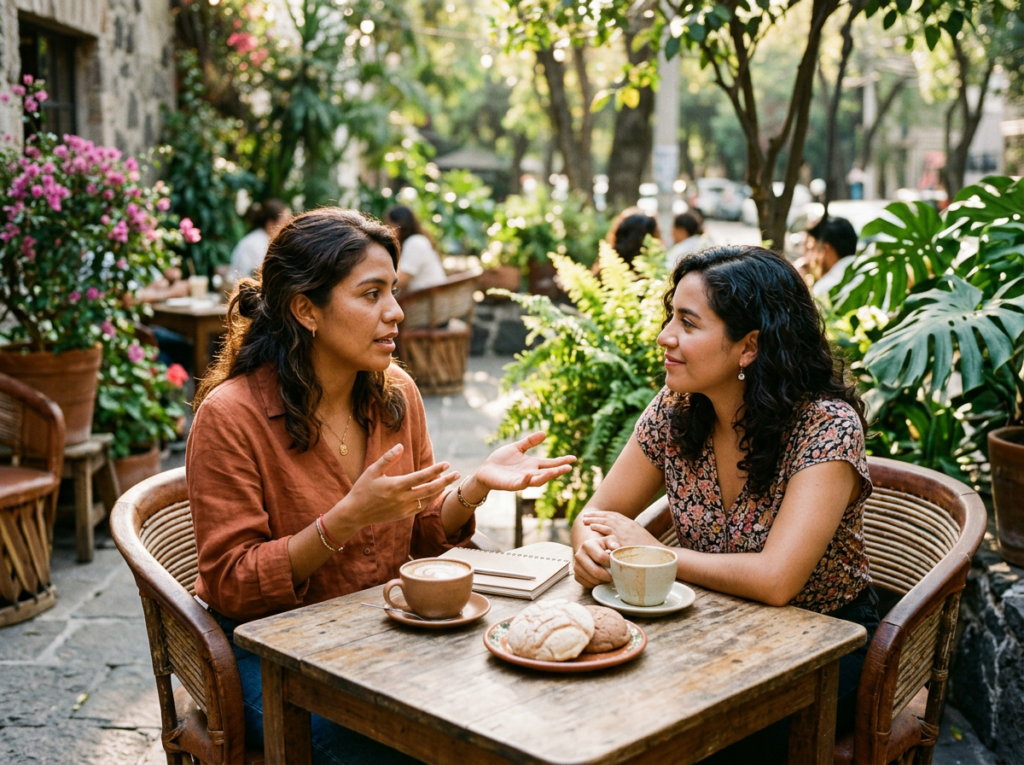 Dos amigas hispanas conversando en un café al aire libre — comunicación asertiva entre amistades cercanas