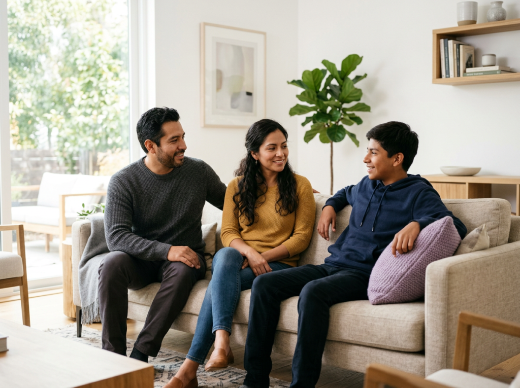 Familia hispana conversando en la sala de su casa — ejemplo de comunicación asertiva en el hogar