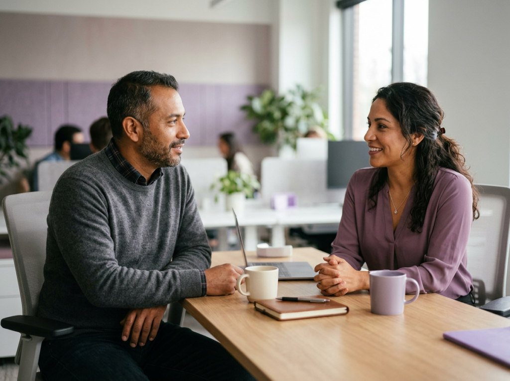Dos colegas hispanos en una conversación calmada en una oficina moderna — comunicación asertiva en el entorno laboral