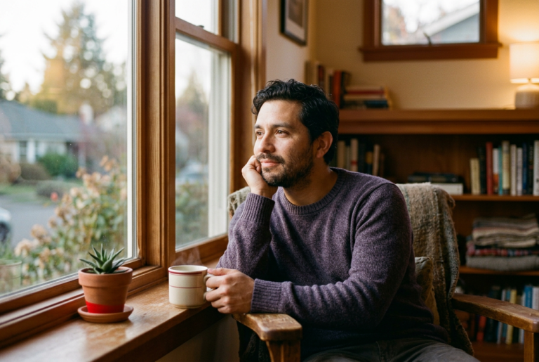 Hombre latino adulto junto a una ventana en casa, expresión reflexiva, luz cálida en tonos morados — salud mental en los hombres