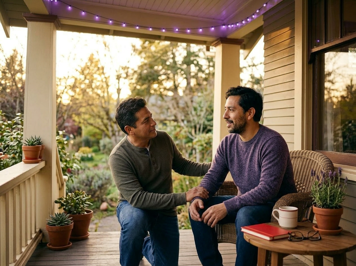 Dos hombres latinos conversando con calma al aire libre, uno escuchando con atención — cómo acompañar a un hombre que la está pasando mal