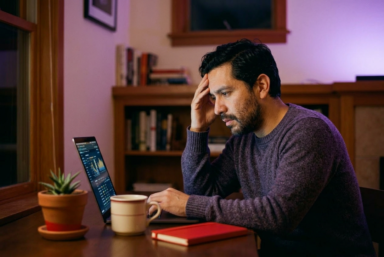 Hombre latino trabajando de noche frente a una laptop, con gesto de cansancio y tensión — señales de depresión en los hombres que no parecen tristeza