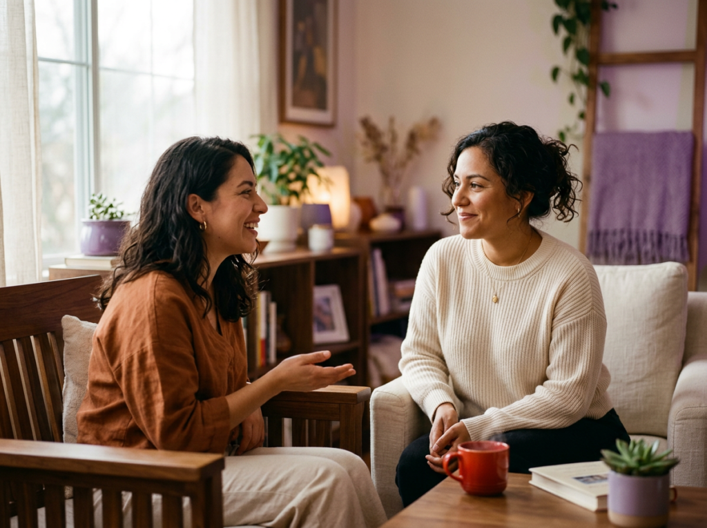Dos mujeres latinas en una conversación tranquila en una sala con luz cálida, una escucha con atención, ambiente de acompañamiento en tonos morados.