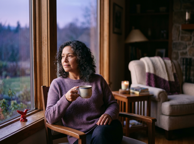 Mujer latina de unos 50 años sentada junto a la ventana al amanecer con una taza de té, en tonos morados cálidos, ánimo sereno y reflexivo