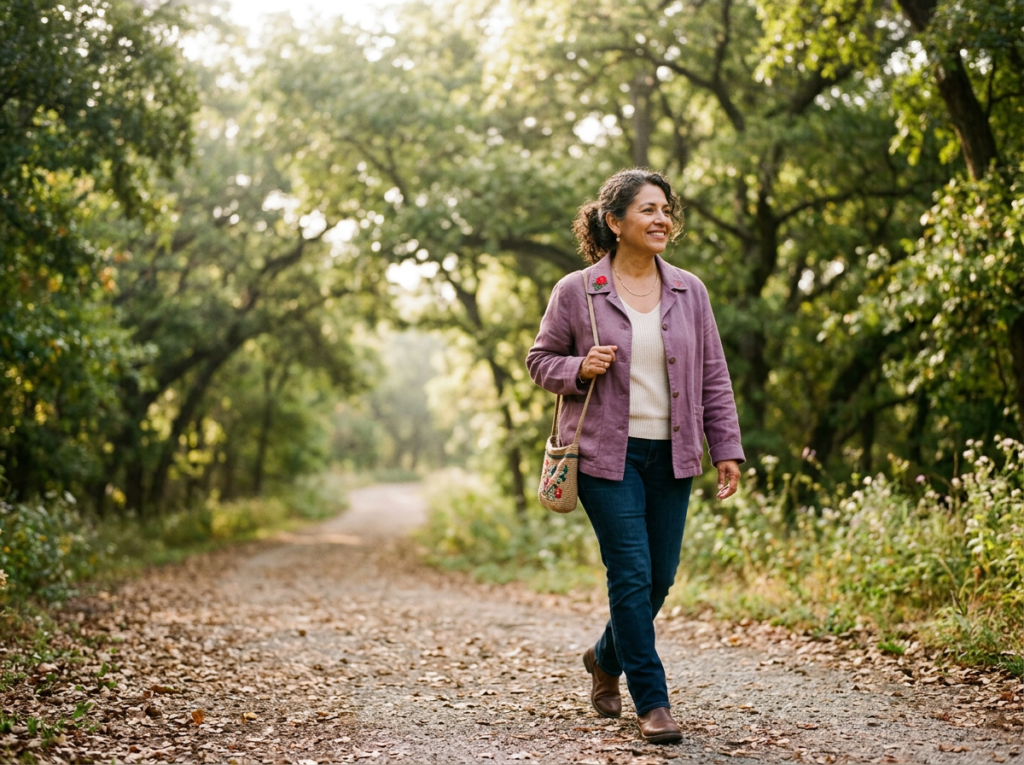 Mujer latina de unos 50 años caminando al aire libre en un sendero con luz de mañana, relajada, en atmósfera de tonos morados.