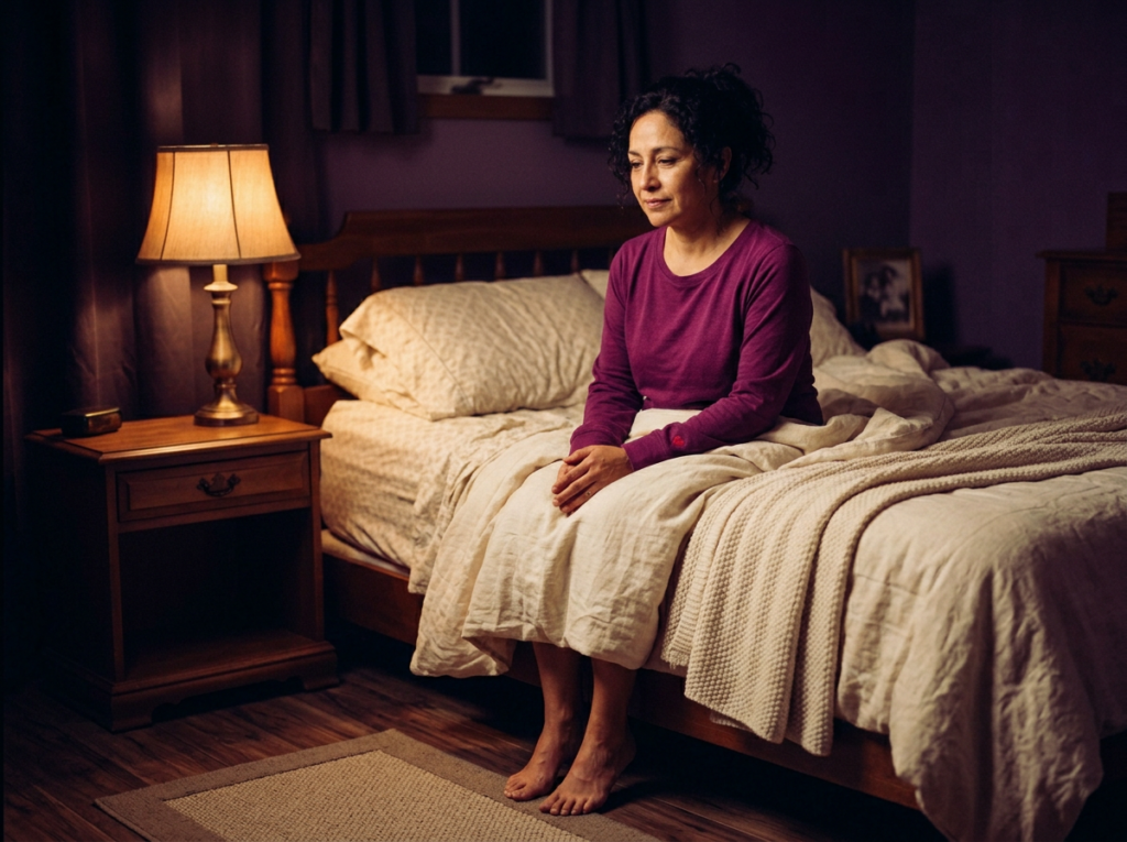 Mujer latina sentada al borde de la cama de madrugada con una lámpara cálida encendida, despierta y tranquila, en tonos morados