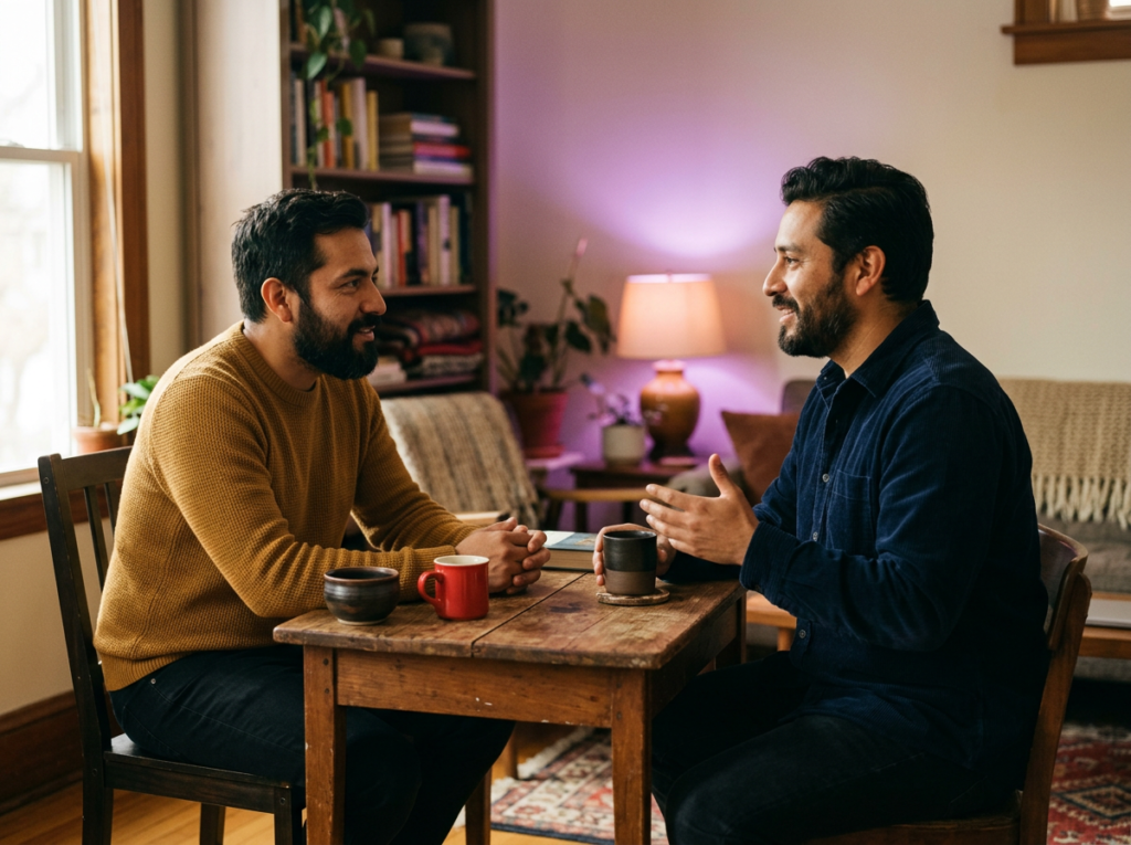 Dos hombres latinos conversando con calma en casa, uno escuchando al otro, ejemplo de pedir apoyo y nombrar emociones