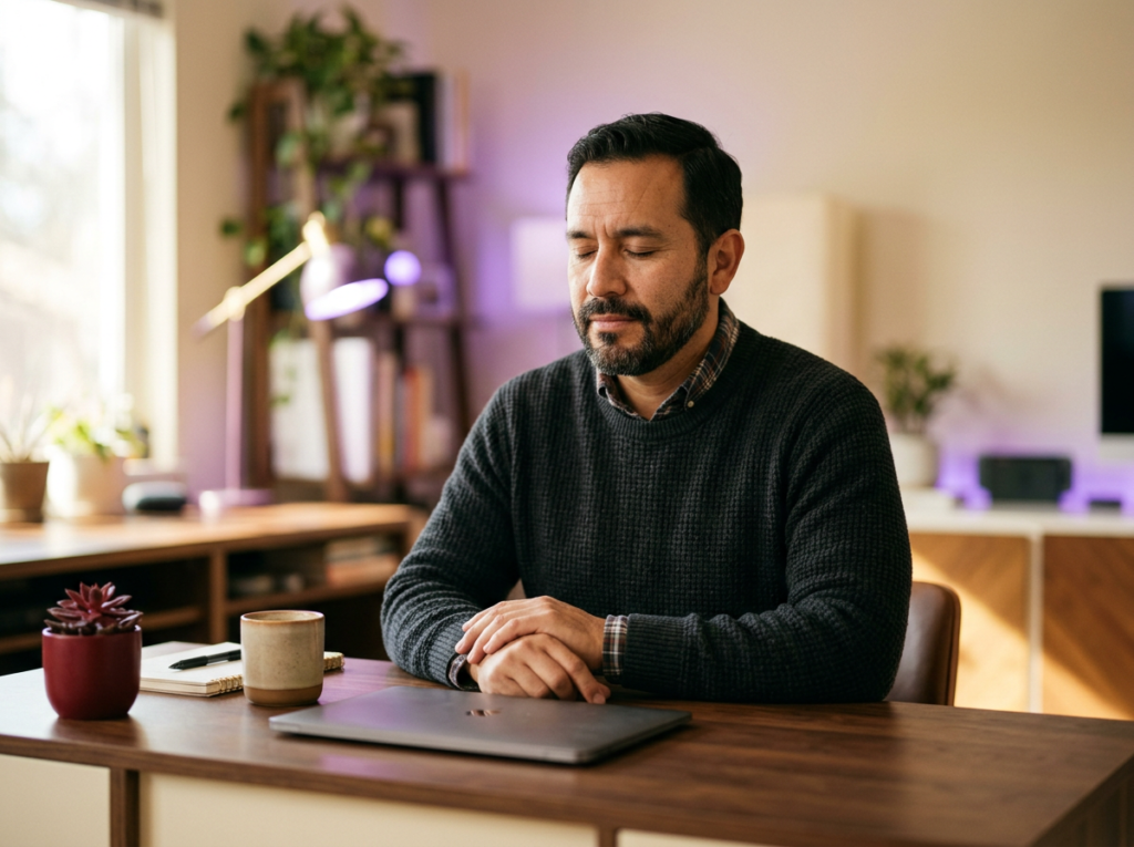 Hombre latino adulto haciendo una pausa en su escritorio, respirando con los ojos cerrados, ejemplo de regulación emocional ante el burnout