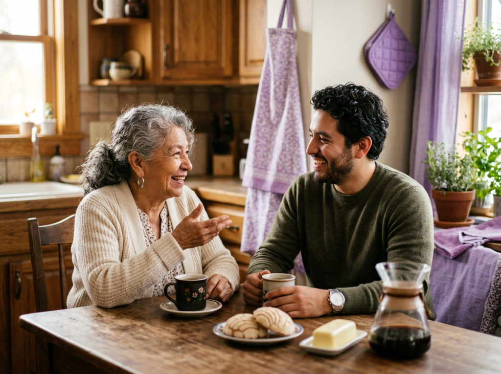 Abuela y nieto adulto hispanos conversando en la cocina — el idioma de casa donde se aprenden las emociones