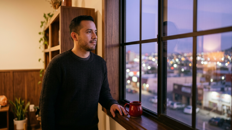 Hombre hispano adulto mirando por la ventana al atardecer con las luces de la ciudad fronteriza de fondo — reflexión sobre terapia en la lengua materna