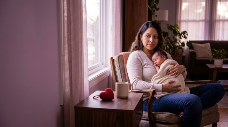 Madre hispana con su bebé recién nacido junto a una ventana, con expresión pensativa y luz cálida en tonos morados. Violencia obstétrica y salud mental materna.